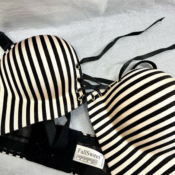 RETRO Bras Brassiere Women 32B Push Up Pads Unlined Pink/Blk Striped Convertable - Picture 10 of 16